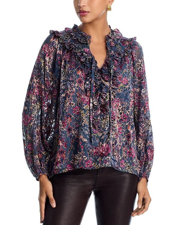 アクア レディース トップス シャツ フラワー柄 フリル サテン ブラウス フラワー AQUA Long Sleeved Floral Satin Burnout Ruffled Blouse Exclusive Blue ブルー