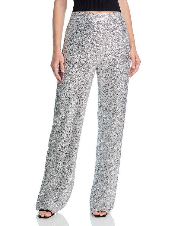 アクア レディース ボトムス カジュアルパンツ ワイドレッグ スパンコール AQUA Sequin Wide Leg Pants Exclusive Silver シルバー