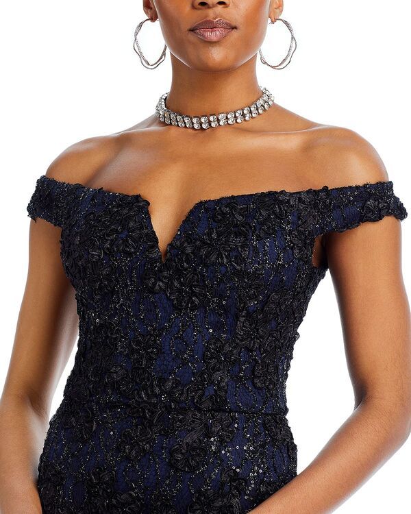 アクア レディース アンダーウェア ナイトウェア レース AQUA OfftheShoulder Embellished Lace Gown Exclusive BlackNavy ブラック アクア レディース アンダーウェア ナイトウェア レース AQUA OfftheShoulder Embellished Lace Gown Exclusive BlackNavy ブラック