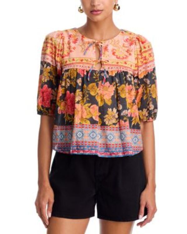 アクア レディース トップス シャツ フラワー柄 フラワー AQUA Willow Floral Border Elbow Sleeve Top Exclusive Black Multi ブラック