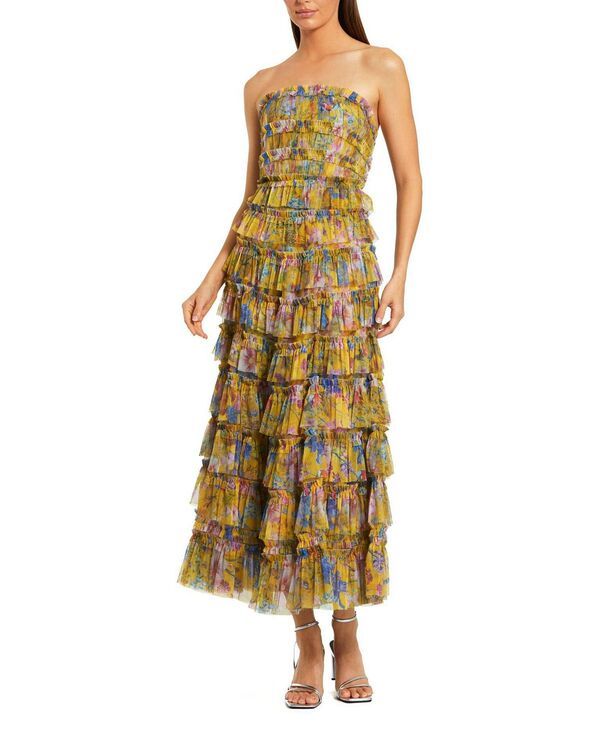 マックダガル レディース トップス ワンピース フリル メッシュ ミディ ストラップレス Mac Duggal Ruffle Mesh Strapless Midi Dress Yellow Multi イエロー