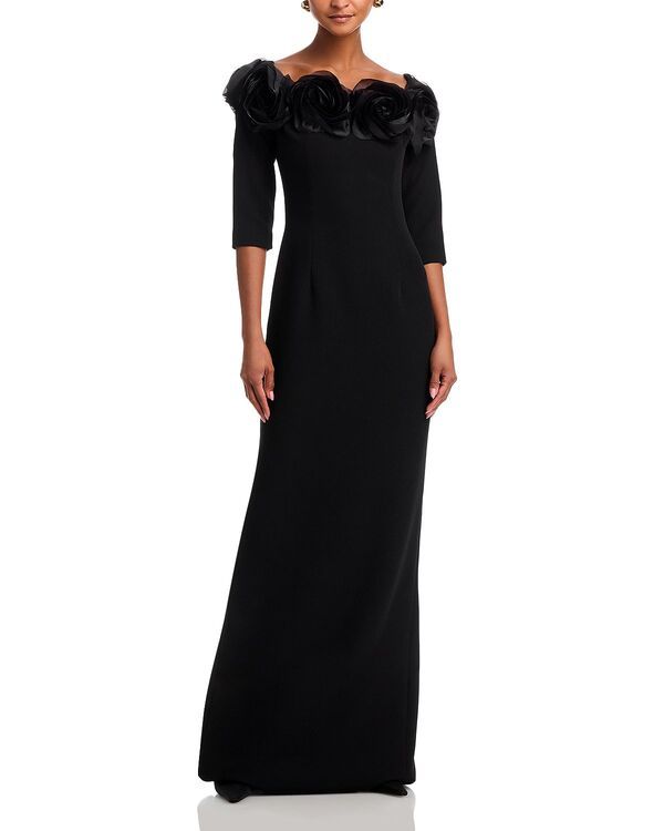 テリジョンバイリッキーフリーマン レディース トップス ワンピース クレープ Teri Jon by Rickie Freeman Crepe 3D Flower Off the Shoulder Three Quarter Length Sleeved Go