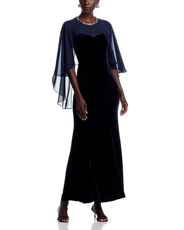 エリザジェイ レディース トップス ワンピース ケープデザイン キャップ ケープ Eliza J Embellished Neck Cape Mermaid Gownavy ネイビー