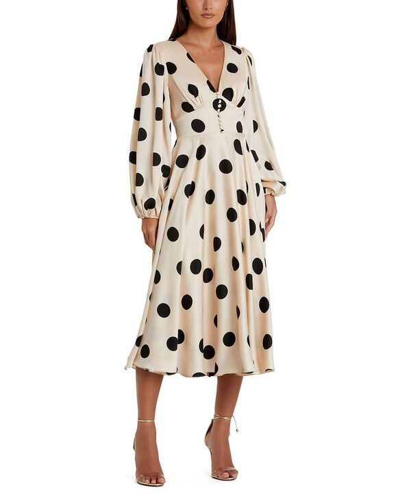 マックダガル レディース トップス ワンピース ドット柄 Vネック ドット ミディ Mac Duggal Polka Dot Charmeuse Long Sleeve V Neck Midi Dress Cream Black クリーム