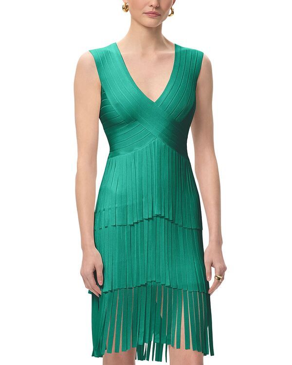 エルベレジェ レディース トップス ワンピース Vネック ミディ フリンジ Herv Lger V Neck Gracie Midi Fringedress Green Opal グリーン