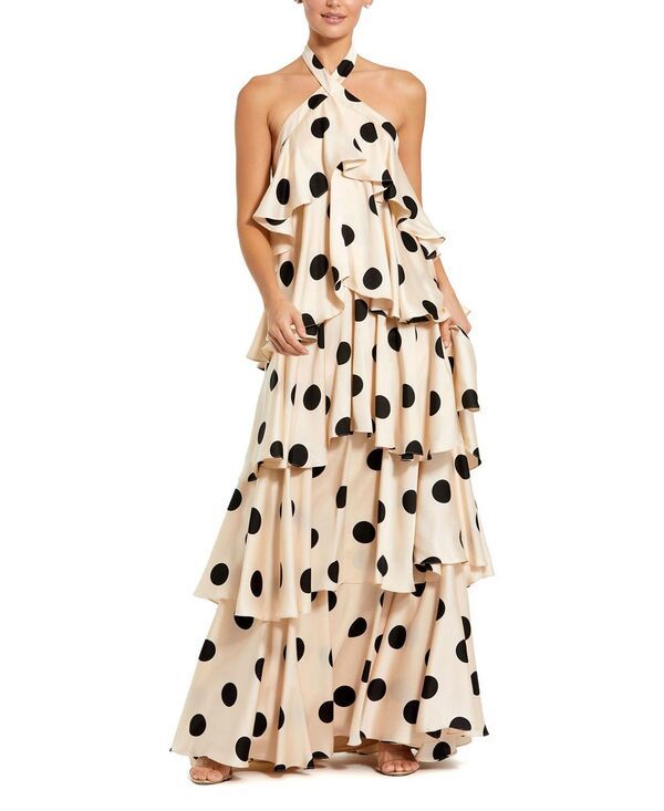 マックダガル レディース トップス ワンピース ドット柄 ティアードット フリル ホルター Mac Duggal Polka Dot Charmeuse Halter Tiered Ruffle Gown Cream Black クリーム