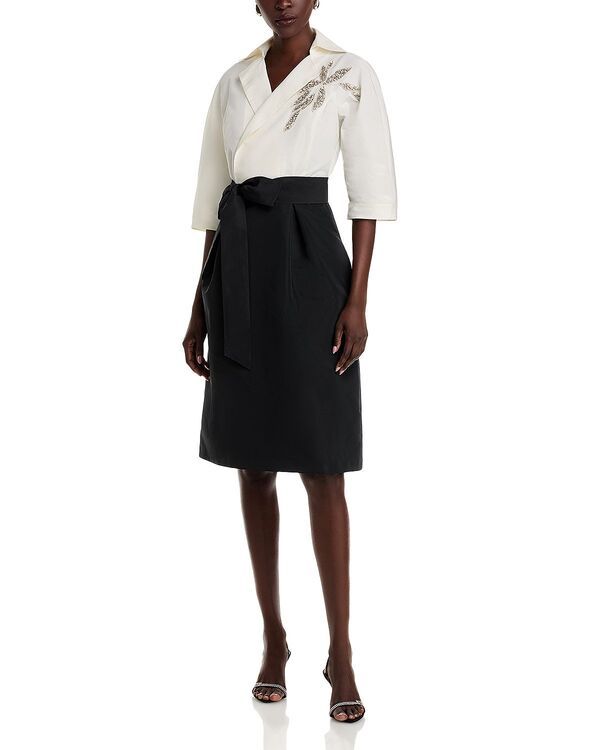 テリジョンバイリッキーフリーマン レディース トップス ワンピース A ライン Teri Jon by Rickie Freeman Taffeta Elbow Sleeve Belted A Line Dress White Black ホワイト