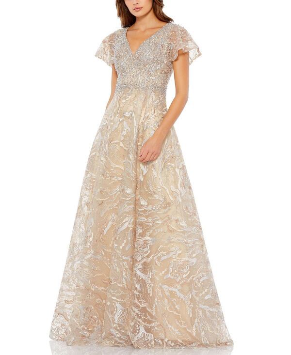 マックダガル レディース トップス ワンピース A ライン Mac Duggal Embellished Illusion Butterfly Sleeve ALine Gown Champagne Gold ゴールド