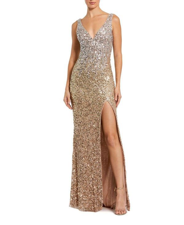 マックダガル レディース トップス ワンピース サイドスリット Vネック スパンコール ノースリーブ Mac Duggal Sequined Sleeveless V Neck Side Slit Gown Shimmeringold ゴールド