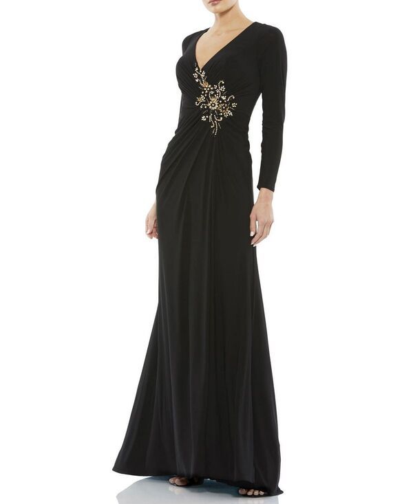 マックダガル レディース トップス ワンピース Mac Duggal Faux Wrap Long Sleeveningown with Applique Detail Black ブラック