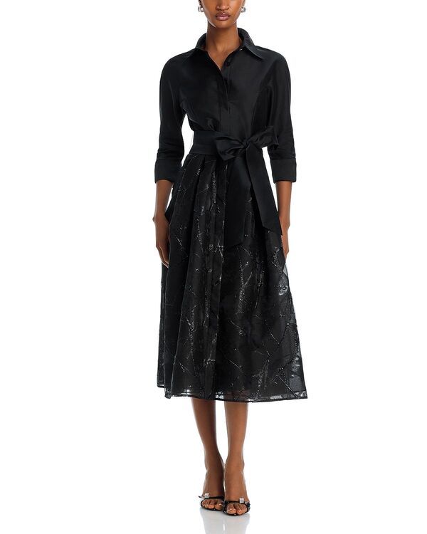 テリジョンバイリッキーフリーマン レディース トップス ワンピース シャツ Teri Jon by Rickie Freeman Mixed Media Shirt Dress Black ブラック