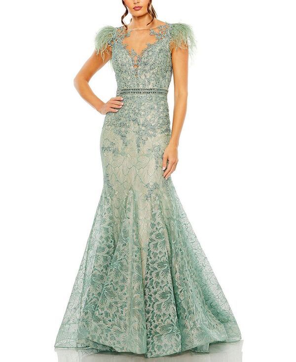 マックダガル レディース トップス ワンピース キャップ Mac Duggal Embellished Feather Cap Sleeve Illusioneck Trumpet Gown Sage セージ