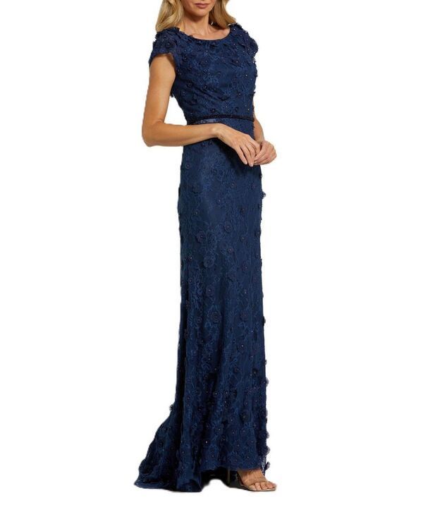 マックダガル レディース トップス ワンピース フラワー柄 フラワー Mac Duggal Floral Applique Boar Neck Short Sleeve Gown Midnight