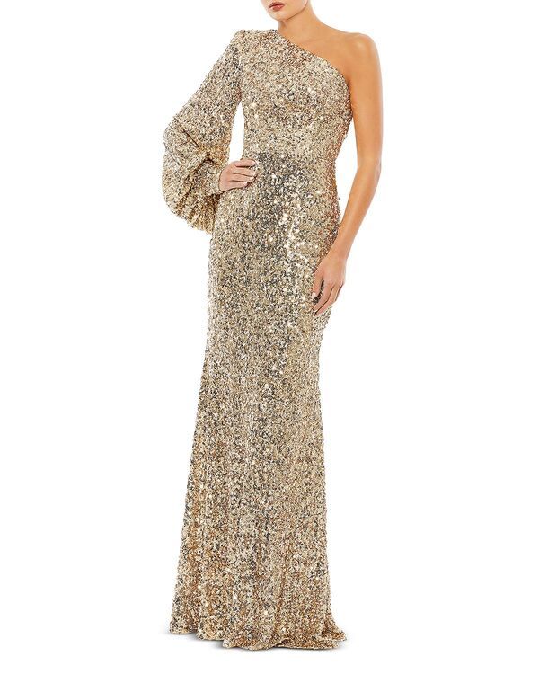 マックダガル レディース トップス ワンピースパンコール Mac Duggal Sequined One Shoulder Bishop Sleeve Trumpet Gown Gold Tone ゴールド