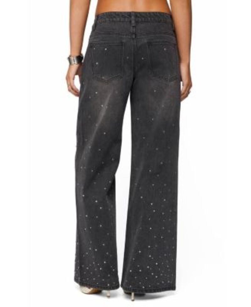 アディクテッド レディース ボトムス デニムパンツ ローライズ ジーンズ Edikted Rhinestone Washed Low Rise Baggy Jeans BlackWashed ブラック