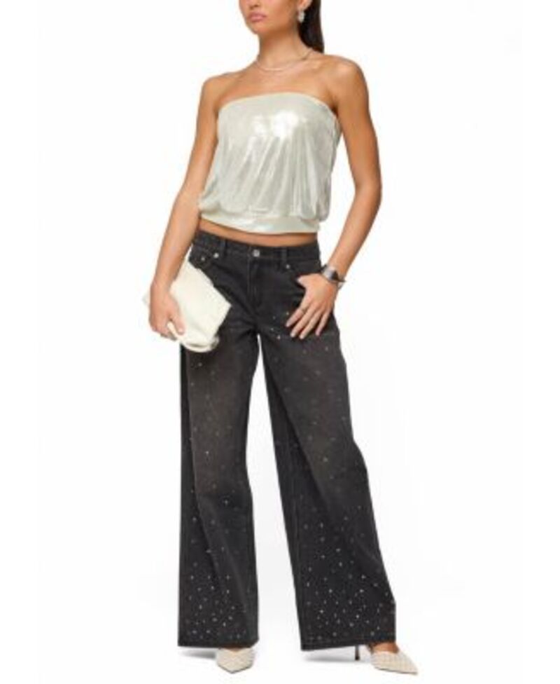 アディクテッド レディース ボトムス デニムパンツ ローライズ ジーンズ Edikted Rhinestone Washed Low Rise Baggy Jeans BlackWashed ブラック