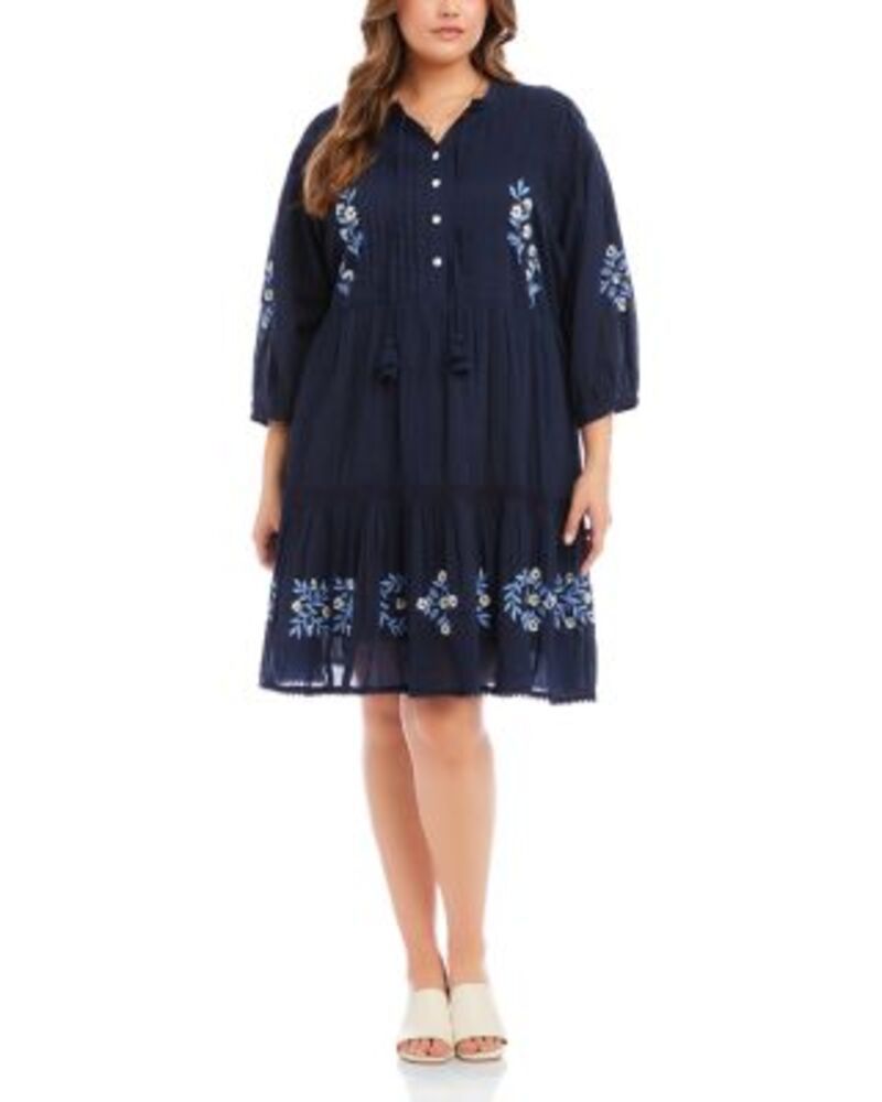カレンケーン レディース トップス ワンピース ティアード レーストリム プラスサイズ 刺繍 レース Karen Kane Plusize Blouson Sleevembroidered Lace Trim Tieredress Navy ネイビー