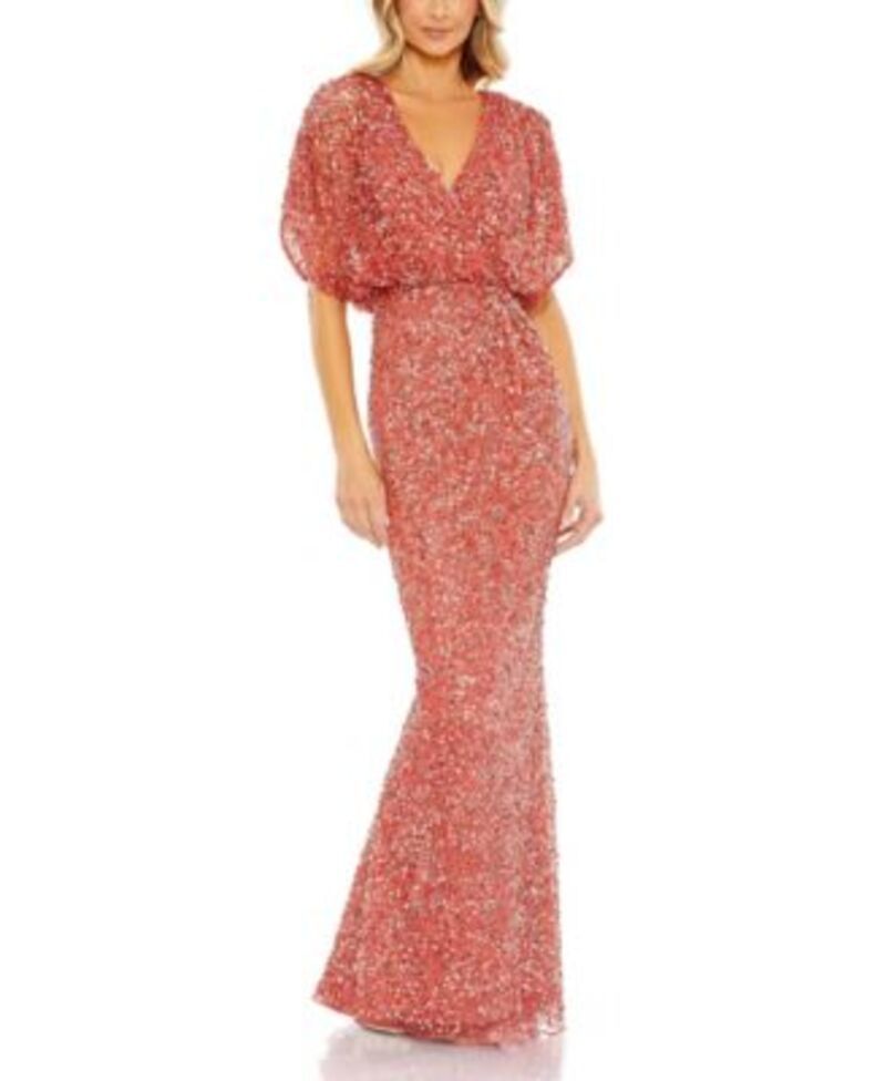 マックダガル レディース トップス ワンピース Vネック ドレープ ギャザー Mac Duggal Draped Sleeves Ruched Waist Detail VNeck Gown Paprika