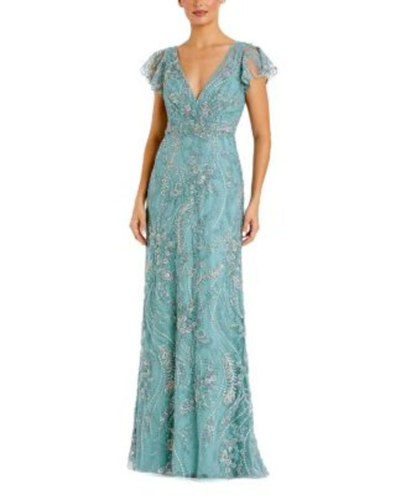 マックダガル レディース トップス ワンピース Vネック フラワー柄 プチ 刺繍 フラワー Mac Duggal Petite VNeck Flutter Sleeve Floral Embroidered Gown Seafoam