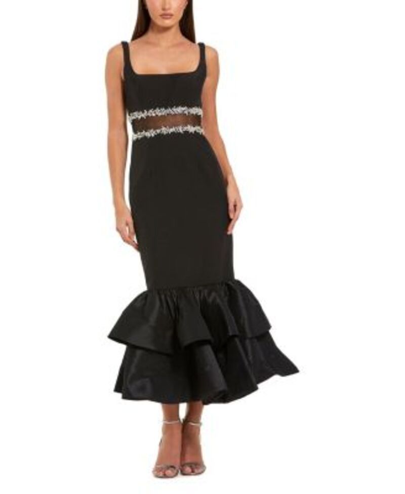 マックダガル レディース トップス ワンピース フリル裾 クレープチ フリル ミディ Mac Duggal Petite Crepe Midi Dress with Jewel Detail Ruffle Hem Black ブラック
