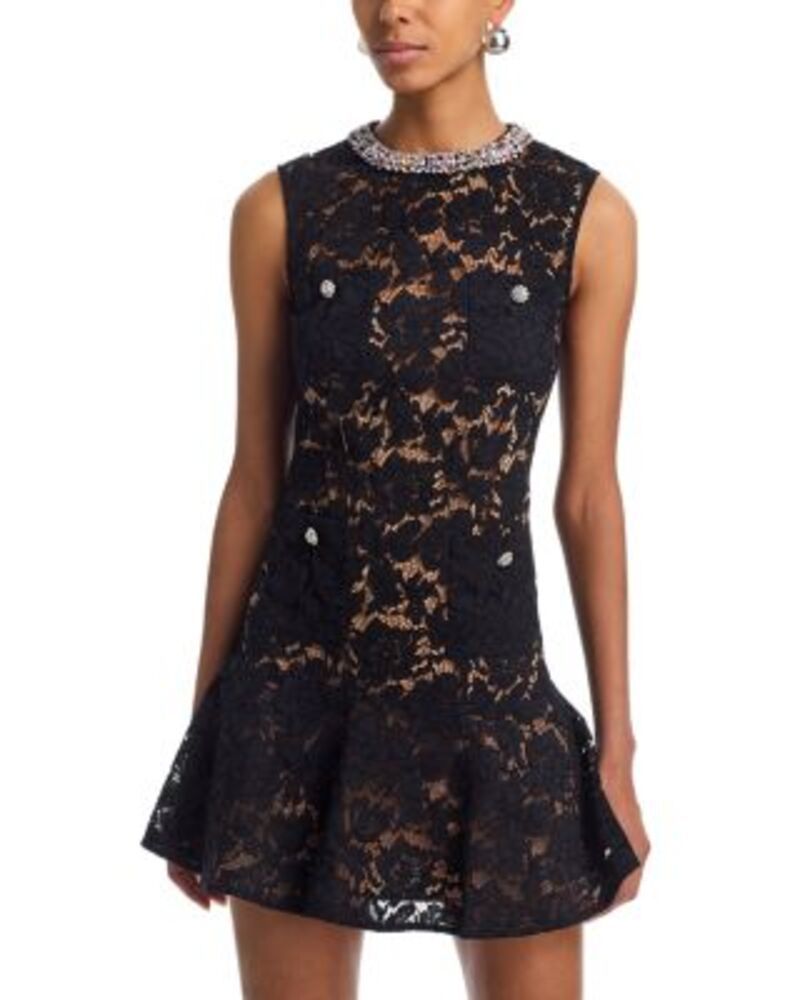 セルフ・ポートレイト レディース トップス ワンピース ミニ レース SelfPortrait Lace Crystal Embellished Mini Dress Black ブラック