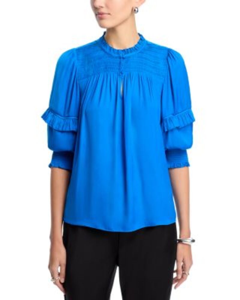 ティー・タハリ レディース トップス シャツ クルーネック フリル ブラウス Tahari Ruffled Three Quarter Sleeve Crewneck Blouse Cobalt Stone コバルト