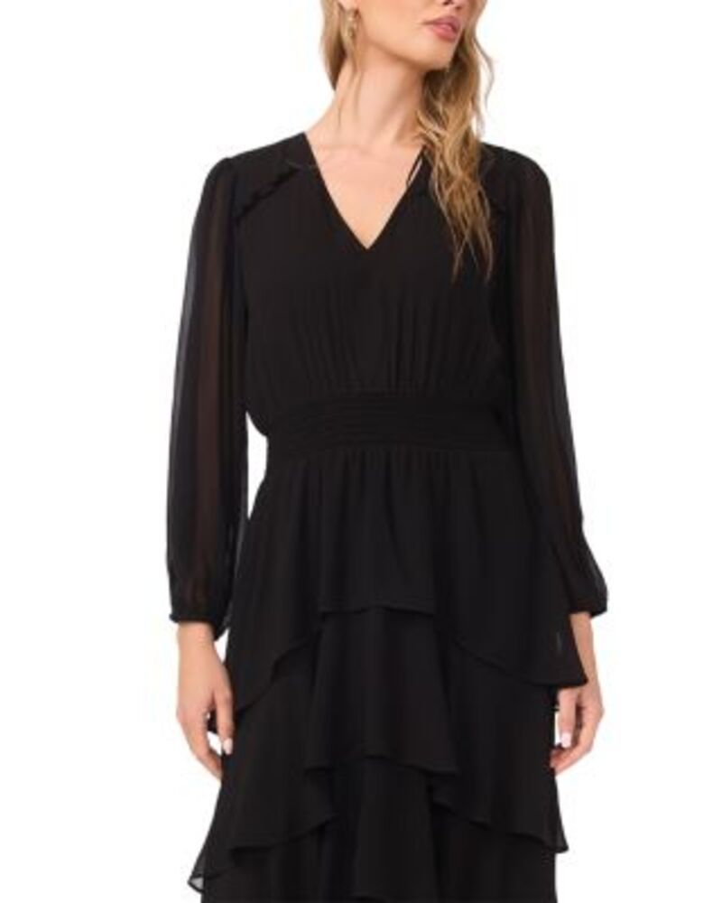 ヴィンスカムート レディース トップス ワンピース Vネック シャーリング VINCE CAMUTO V Neck Long Sleeve Smocked Waist Dress Rich Black ブラック