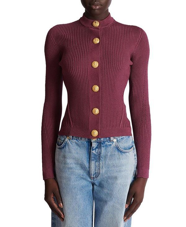 バルマン レディース アウター カーディガン ニット Balmain Fine Knit Cardigan with Buttons Purple パープル