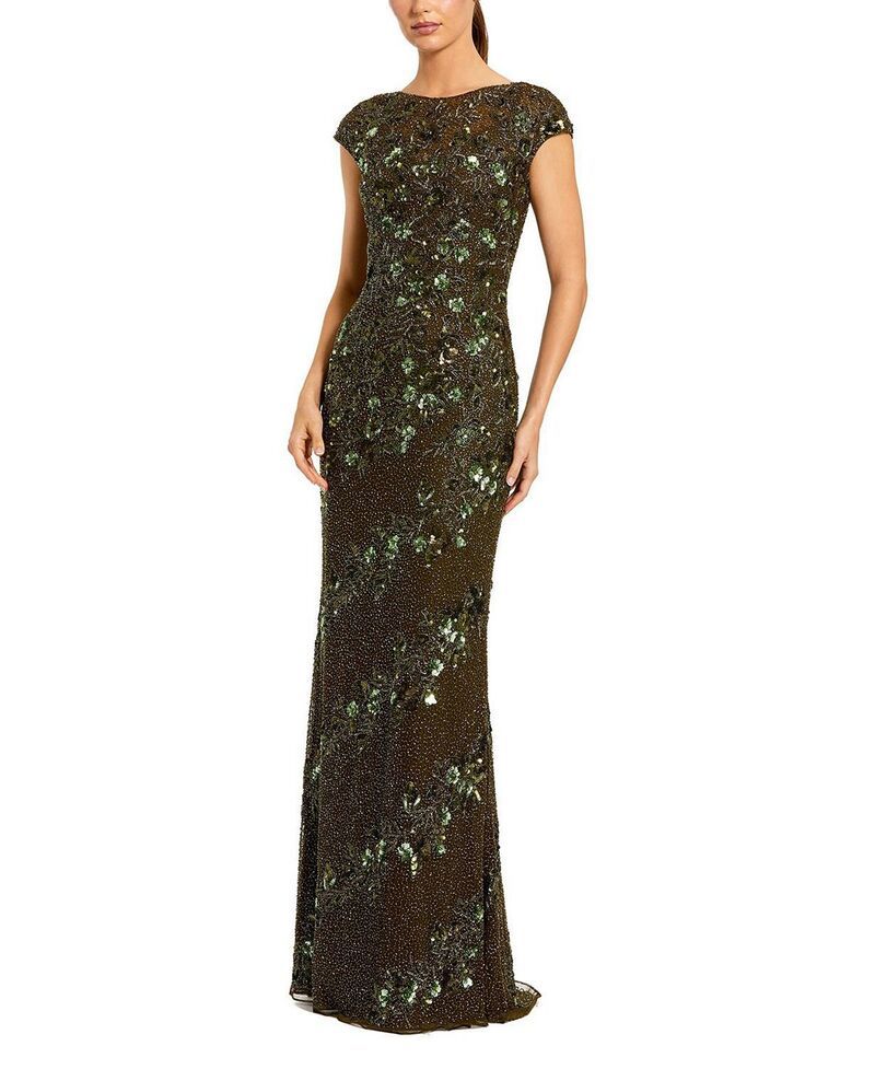 マックダガル レディース トップス ワンピース ハイネック キャップ Mac Duggal Beaded High Neck Cap Sleeve Column Gown Olive オリーブ