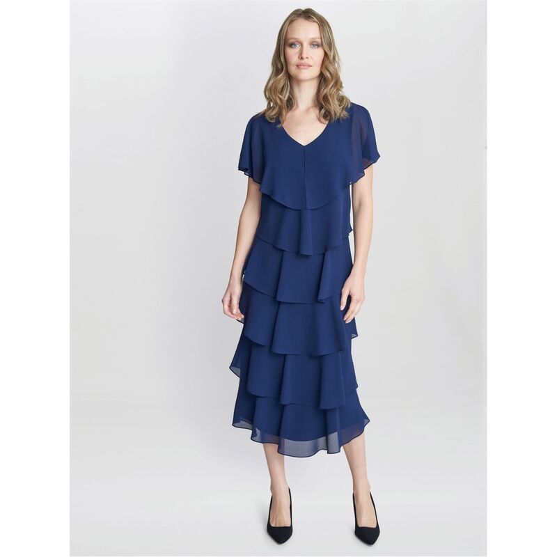 ジーナバッコーニ レディース トップス ワンピース ティアード ミディ Gina Bacconi Rebecca Midi Tiered Dress NAVY ネイビー