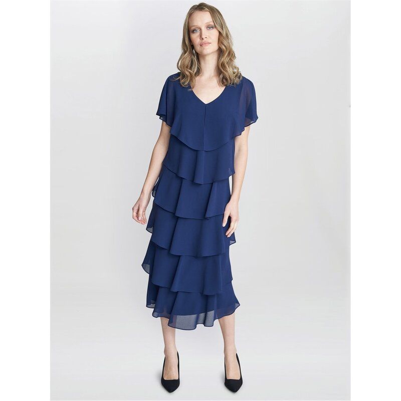 ジーナバッコーニ レディース トップス ワンピース ティアード ミディ Gina Bacconi Rebecca Midi Tiered Dress NAVY ネイビー