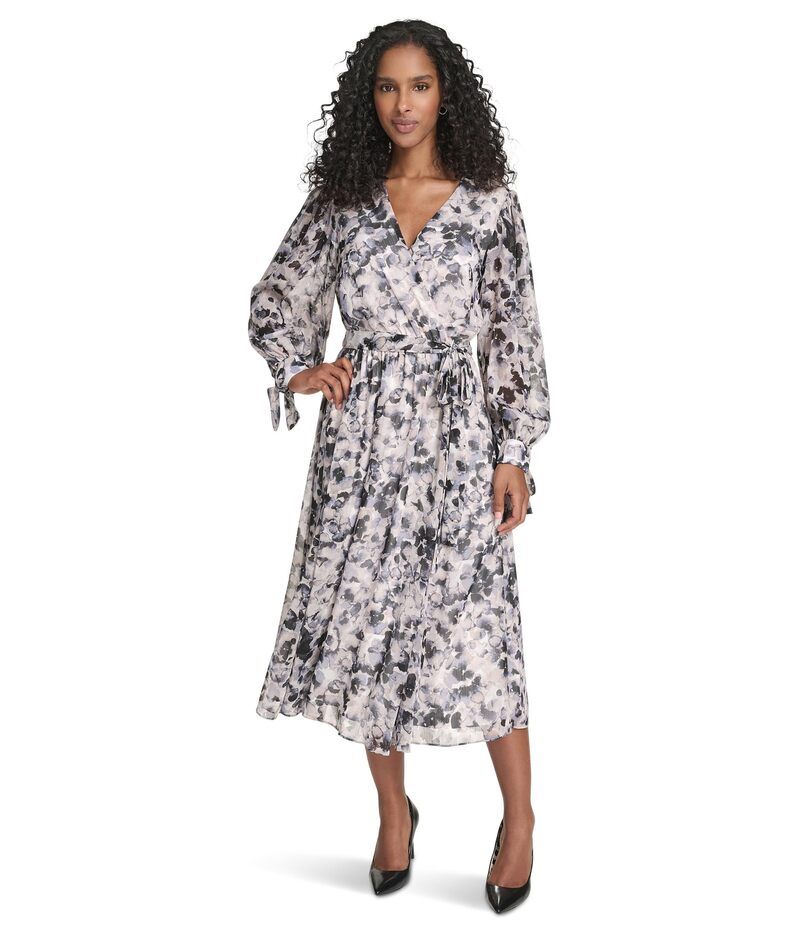カルバンクライン レディース トップス ワンピース Vネック シフォン ミディ Calvin Klein VNeck Long Sleeve Chiffon Midi Slate Multi スレート