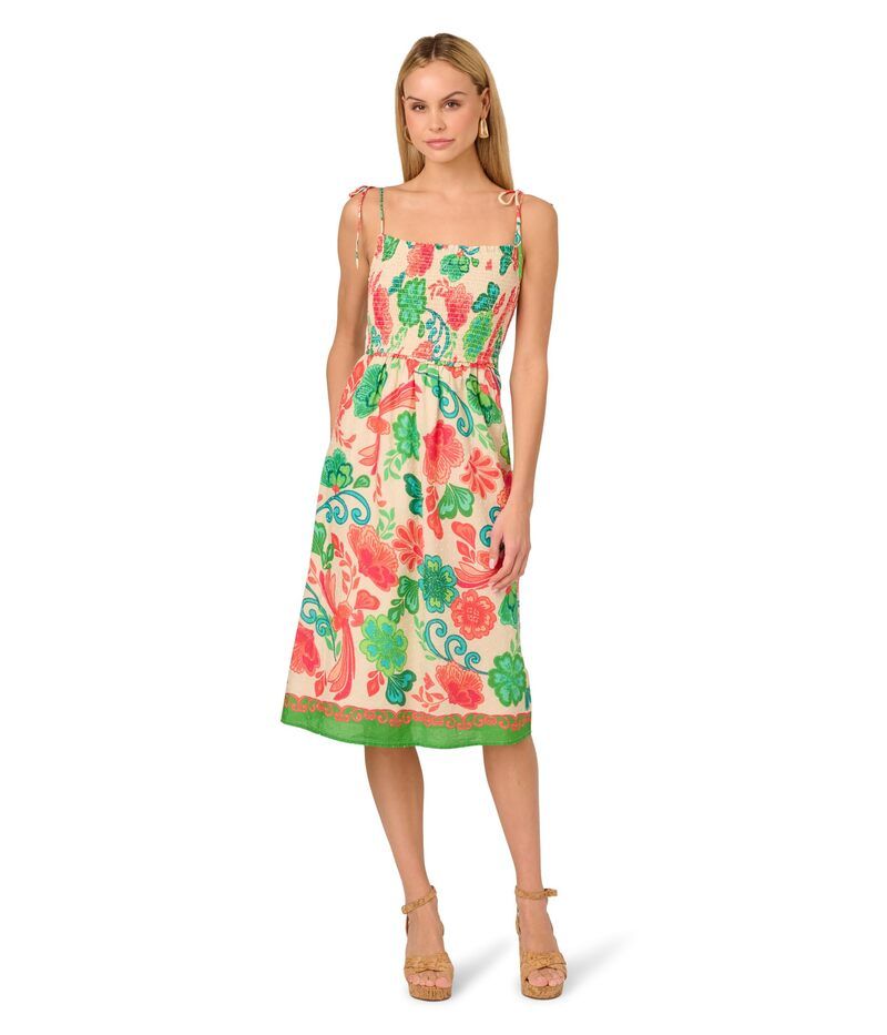 アドリアナ パペル レディース トップス ワンピース プリント シャーリング レース Adrianna Papell Smocked Printed Placement Dress Ivory Multi アイボリー