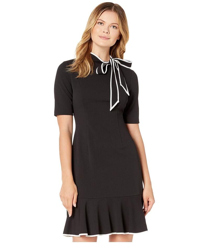 アドリアナ パペル レディース トップス ワンピース クレープ ニット Adrianna Papell Knit Crepe Tie Neck Flounce Dress BlackIvory アイボリー