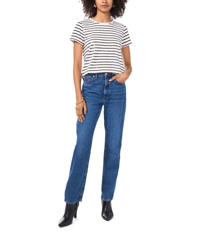 ヴィンスカムート レディース トップス シャツ Tシャツ スパンコール Vince Camuto Sequin Striped Tee Rich Black ブラック