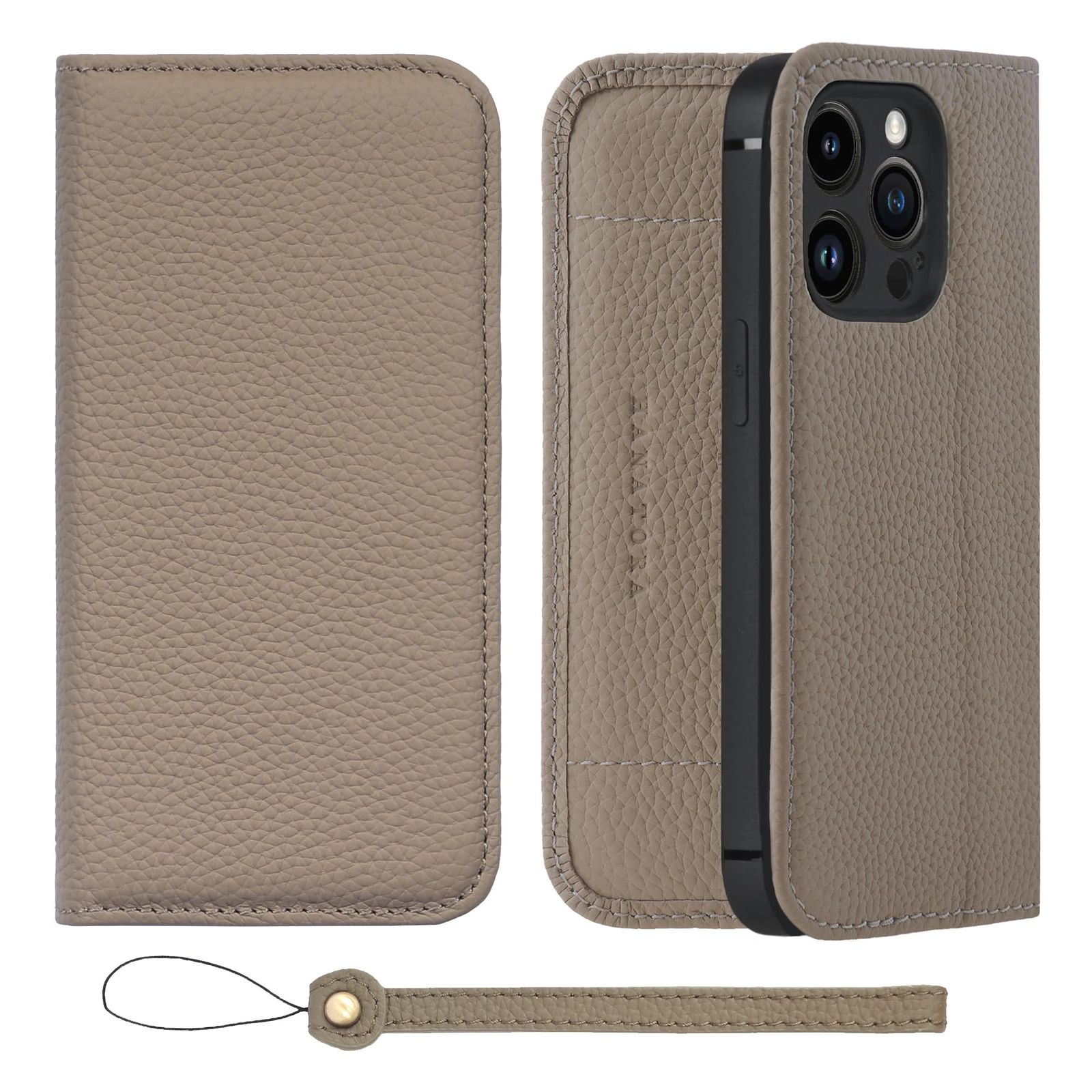 新品 HANATORA for iPhone 15Pro ケース 手帳型 本革 スマホケース スマホ スタンド ストラップ 付き シュリンクカーフレザー ベルトなし マグネットなし グレージュ H1SPA-15Pro-Grege ギフト 誕生日 女性 男性 彼