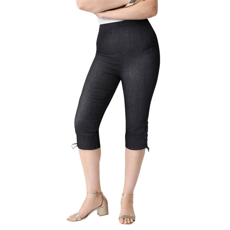 ロアマンズ レディース ボトムス カジュアルパンツ プラスサイズ キャップ レース Roamans Womens Plusize Comfort Stretch Lace Up Capri Jean Black Denim ブラック