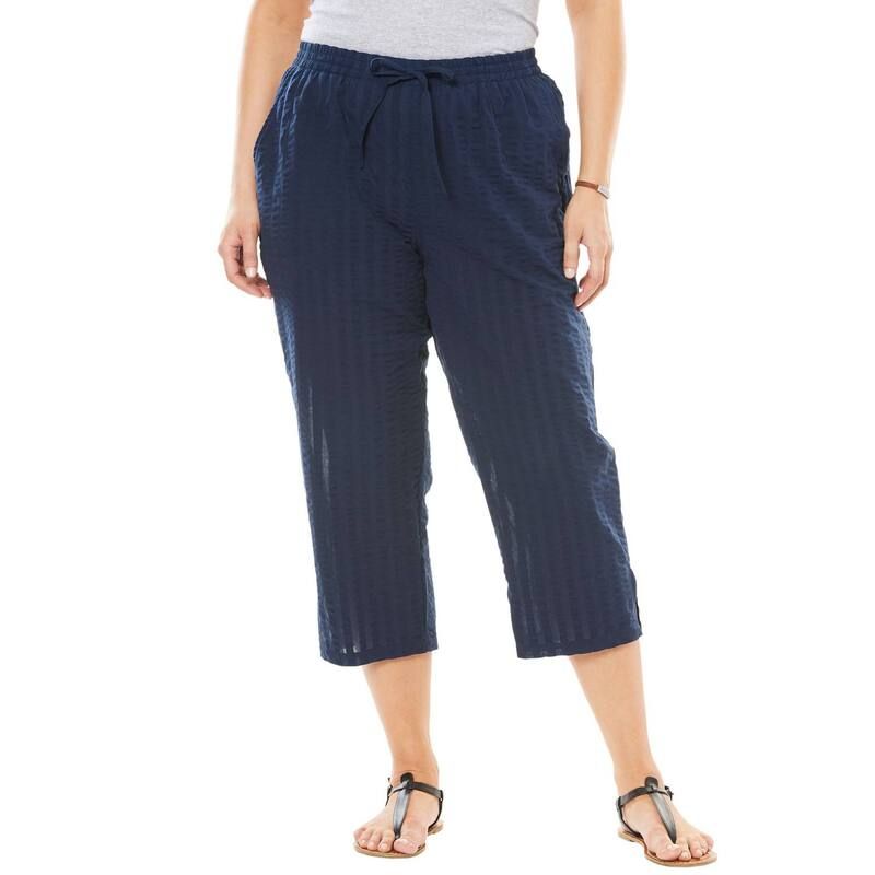 ウーマン ウィズイン レディース ボトムス カジュアルパンツ プラスサイズ プチ キャップ Woman Within Plusize Petite Seersucker PullOn ElasticWaist Capri Pants Navy ネイビー