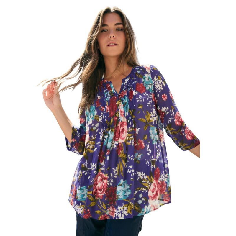 ロアマンズ レディース トップス シャツ プラスサイズ プリーツ Roamans Womens Plusize Tara Pleated Shirt Adjustable 34 Sleeve Swing Tunic With Notch Collar Twil