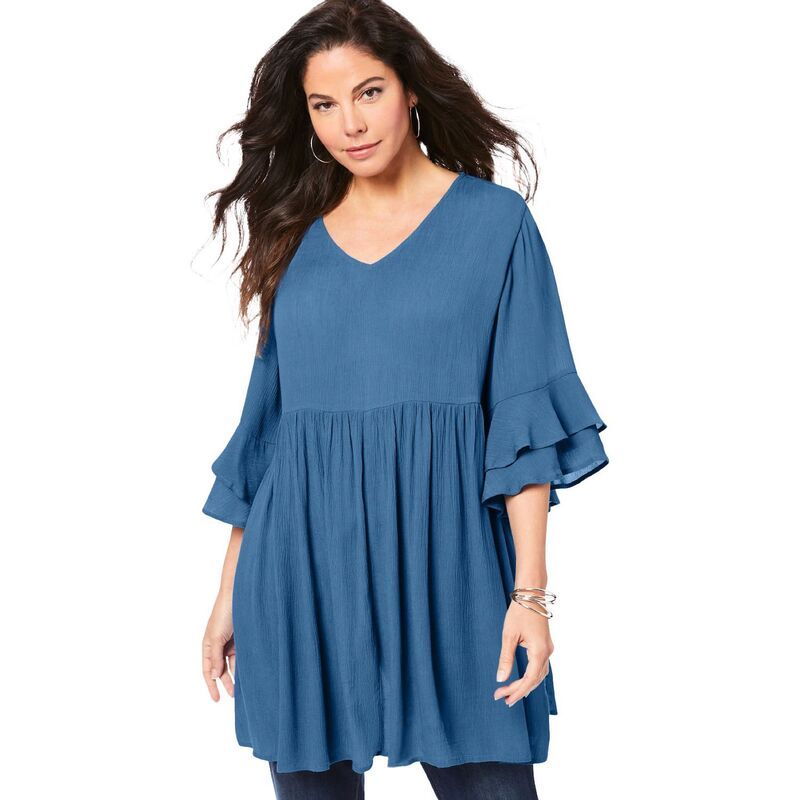 ロアマンズ レディース トップス Tシャツ プラスサイズ Roamans Womens Plusize Hand Crinkled Flutter Sleeve Tunic Dusty Indigo インディゴ