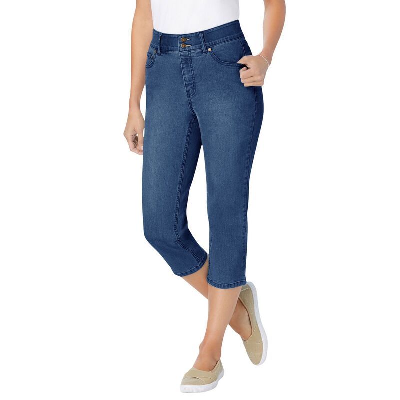 ウーマン ウィズイン レディース ボトムス カジュアルパンツ プラスサイズ プチ キャップ ジーンズ Woman Within Plusize Petite Stretch BuiltIn Slimming Panel Capri Jeans Medium S