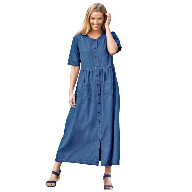 ウーマン ウィズイン レディース トップス ワンピース プラスサイズ 半袖 デニム Woman Within Plusize ShortSleeve Denim Dress Medium Stonewash デニム