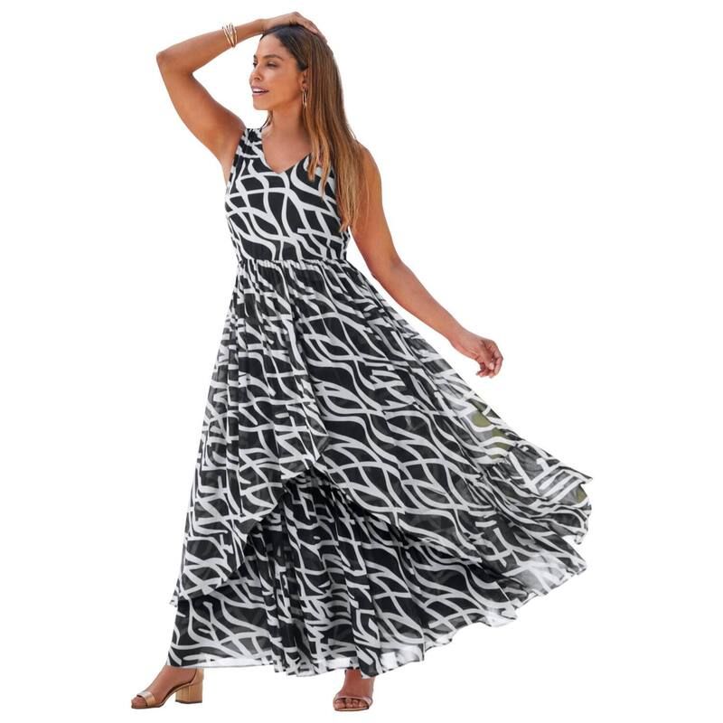 ジェシカロンドン レディース トップス ワンピース ジョーゼット プラスサイズ マキシ Jessica London Womens Plusize Georgette Flyaway Maxi Dress Black White Swirl ホワイト
