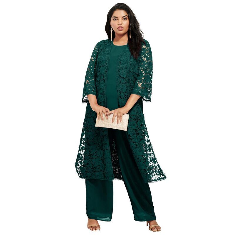 ロアマンズ レディース トップス ワンピース プラスサイズ レース Roamans Womens Plusize 3Piece Allover Lace Duster Pant Set Formal Wear Emerald Green グリーン