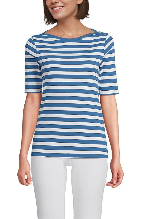 ランズエンド レディース トップス Tシャツ コットン Lands End Supima Cotton Elbow Sleeve Boatneck Button Shoulder Tee Teal Blue Ocean Multi Stripe ブルー