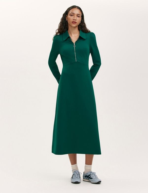 ファイナリー ロンドン レディース ボトムス カジュアルパンツ ミディワンピース ミディ ジャージー Finery London Elvira Ponte Jersey Zip Front Midi Dress Bottle Green グリーン