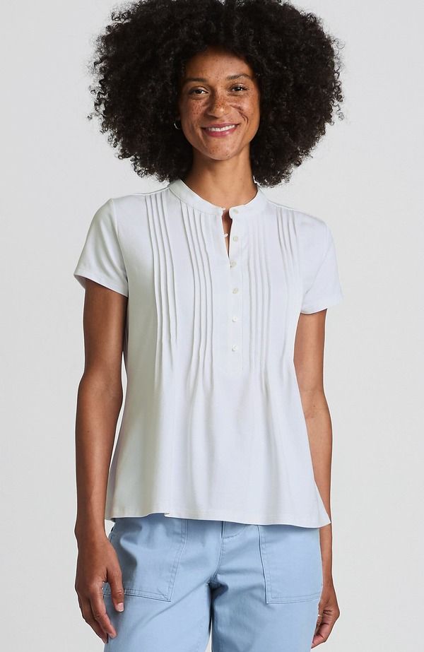 ランズエンド レディース トップス シャツ ジャージー Lands End Short Sleeve Lightweight Jersey Button Pintuck Top White ホワイト