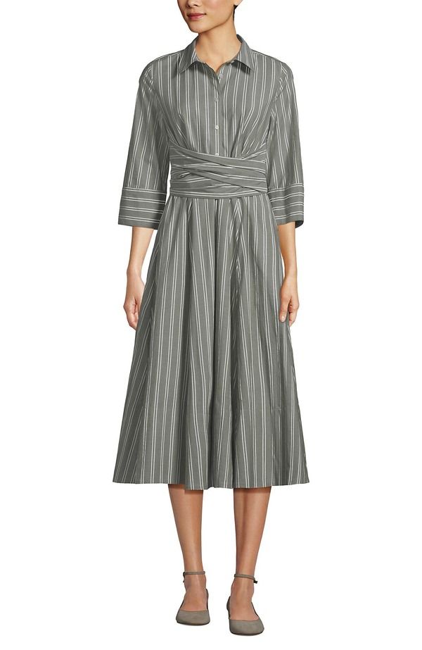 ランズエンド レディース トップス ワンピース ミディ Lands End Poplin Midi Wrap Front Dress River Stone Double Stripe ストーン