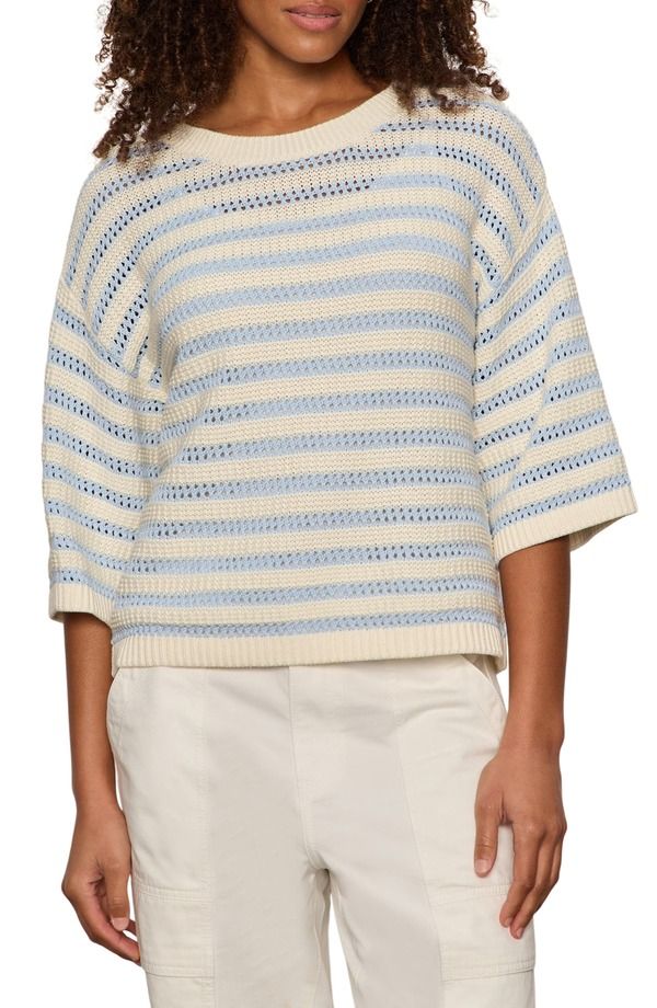サンクチュアリー レディース アウター パーカー・スウェット セーター ニット Sanctuary Elle Stripe Crochet Knit Sweater Blue Aura Collagen White ホワイト