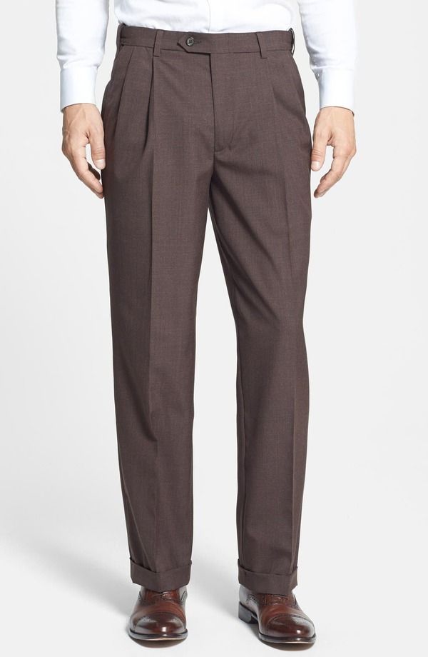 ベール メンズ ボトムス カジュアルパンツ プリーツ Berle Self Sizer Waist Plain Weave Pleated Washable Trousers Brown ブラウン